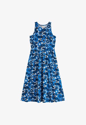 Modré květinové šaty s těsným vrškem, bez rukávů a rozšířenou sukní, vyrobené z lehkého materiálu s hladkou texturou.