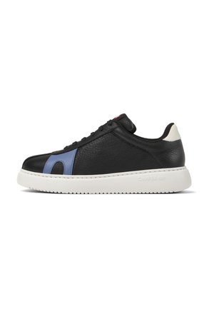 Black leather sneaker with blue leather accent and white rubber sole. Features a rounded toe and lace-up design. Brand logo embossed on side.