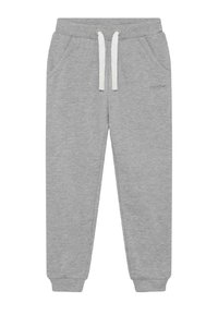 Lichtgrijze sweatpants met een elastische tailleband en boorden, witte trekkoord en zijzakken, plat gelegd op een witte achtergrond.