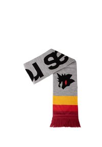 Grijze gebreide sjaal met opvallende zwarte letters, een zwart grafisch ontwerp en gestreepte accenten in rood, geel en kastanjebruin, met franjes aan de uiteinden.