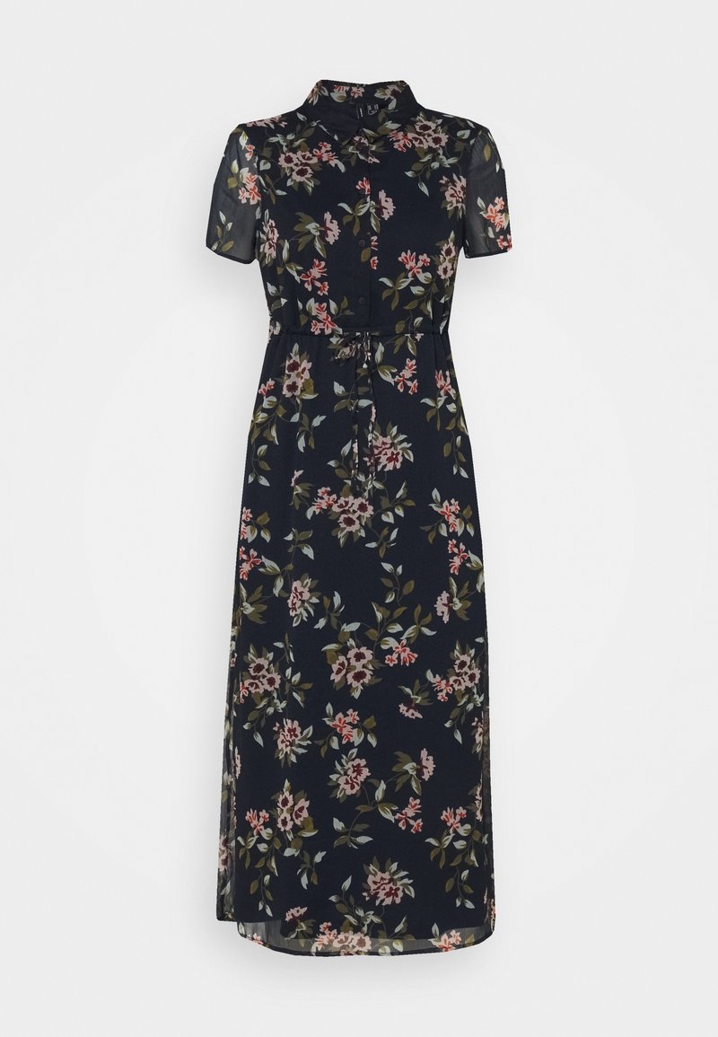 Robe midi florale bleu marine, arborant des manches courtes en tulle, un devant à boutons, une taille ceinturée et un mélange de motifs floraux roses et verts.