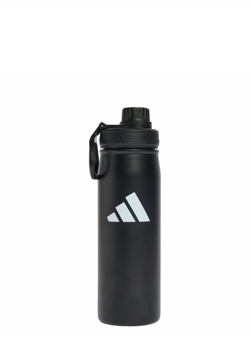 Black sports water bottle with a textured grip and a screw cap. Features a white Adidas logo on the side. Robust and durable design.