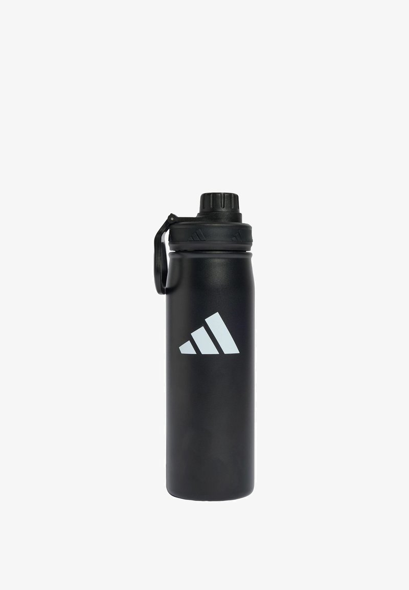 Black sports water bottle with a textured grip and a screw cap. Features a white Adidas logo on the side. Robust and durable design.
