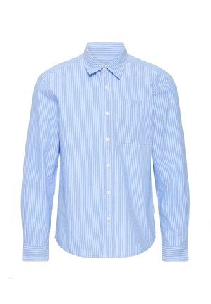 Camicia a maniche lunghe con bottoni, a righe verticali bianche e azzurro chiaro, con colletto e taschino sul petto sinistro, esposta su sfondo bianco.