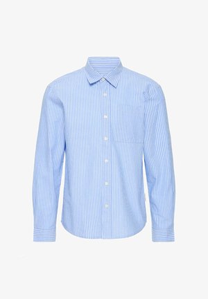 Light blue and white vertical striped long-sleeve button-up shirt with a collar and a left chest pocket, displayed on a white background.