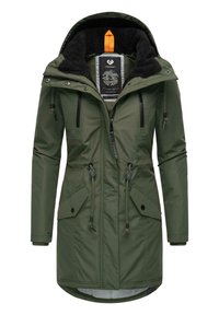 Olive green parka jacket with a fleece-lined hood, front zipper, two chest pockets, and two bottom pockets, featuring drawstring adjustments.