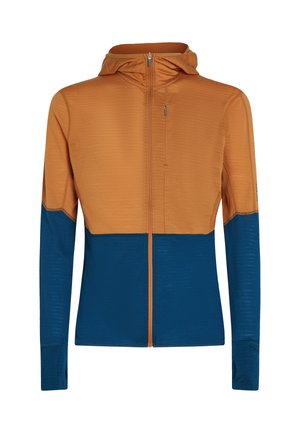 Leichte Kapuzenjacke mit durchgehendem Reißverschluss, Brusttasche, Daumenlöchern an den Ärmeln und zweifarbiger Orange- und Blautönung.