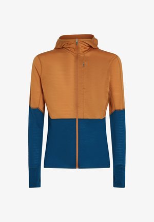 Leichte Kapuzenjacke mit durchgehendem Reißverschluss, Brusttasche, Daumenlöchern an den Ärmeln und zweifarbiger Orange- und Blautönung.