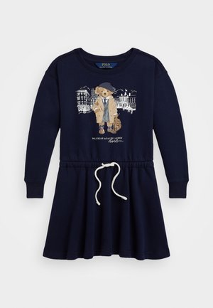 Mørkeblå langermet kjole med tettsittende topp og utsvingt skjørt, med en "Polo Bear"-grafikk og snøring i livet for justerbar passform.