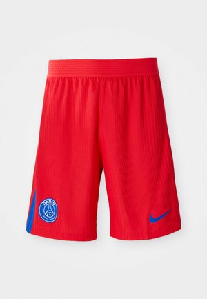 Rødeidrettsshorts med ribbestruktur, har en blå sidepanel og et rundt logo på venstre bein. Elastisk midjebånd for komfort.