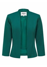 Vihreä teksturoitu bleiseri shaali-kauluksella ja avoimella edessä. Siinä on sivutaskut ja sileä sisävuori mukavuutta varten.