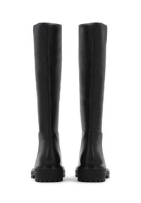 Bottes en cuir noir jusqu'au genou avec une finition lisse, bout rond et semelle en caoutchouc épaisse et texturée, dotées de détails de couture verticale.