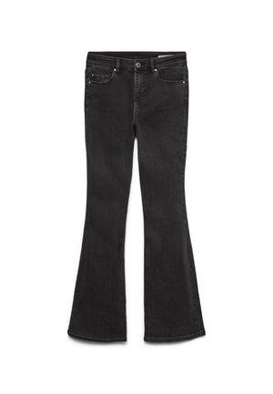 Jeans pretos flare feitos de denim. Apresentam um design clássico de cinco bolsos com fecho de correr e detalhes de costura subtis.