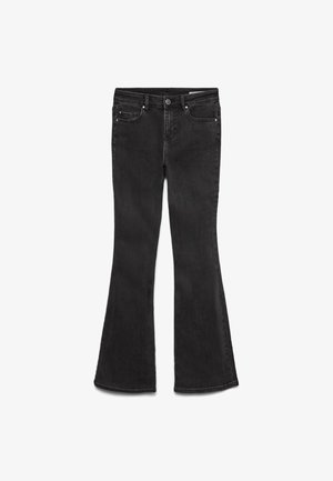 Musta liehuvahleet farkut, valmistettu denimi-kankaasta. Ne ovat klassisen viiden taskun malliset, vetoketjullisella etuvetoketjulla ja hienovaraisilla ompeluilla.