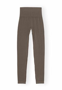 Leggings marroni con una cintura elastica ampia, caratterizzati da una texture liscia e dettagli di cucitura laterale. Design alla caviglia.