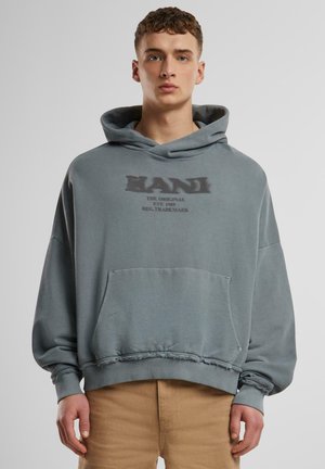 Hooded sweatshirt in faded blue-grey, oversized fit, with a front pocket and distressed hem, featuring printed brand logo on chest.