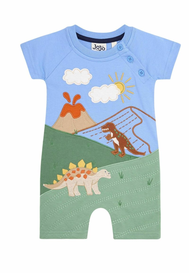 Plavi kratki kombinezon s kratkim rukavima s aplikacijama dinosaura i vulkana. Meko pamučno tkanje, zelena donja polovica s izvezenim uzorcima i detaljima s gumbima.