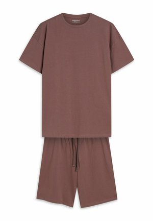 Brązowy bawełniany t-shirt z krótkim rękawem i okrągłym dekoltem, w zestawie z pasującymi szortami z elastycznym pasem i sznurkiem.