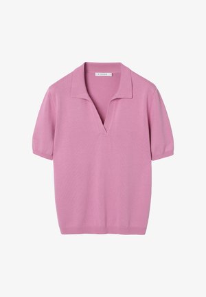 Różowy krótki sweter z krótkim rękawem, otwartym kołnierzem oraz ściągaczami na mankietach i dole, rozmiar mały, prezentowany na białym tle.