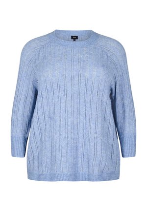 Light blue knitted sweater with ribbed texture and vertical stripes. Features a round neckline and three-quarter length sleeves.