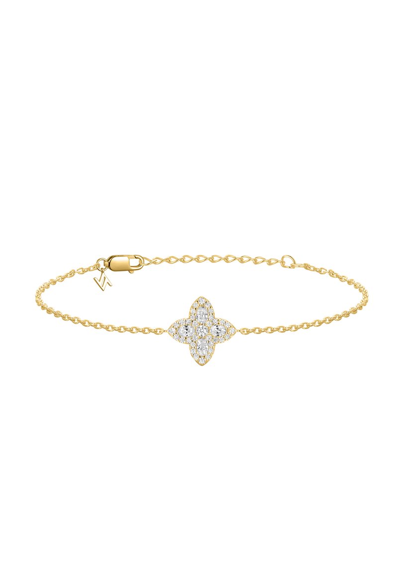 Gold chain bracelet with a central flower-shaped cluster of clear gemstones and a small charm near the clasp.