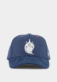 Navy blue cotton cap with a silver embroidered unicorn on the front, featuring purple and red accent dots on the top. Soft visor.