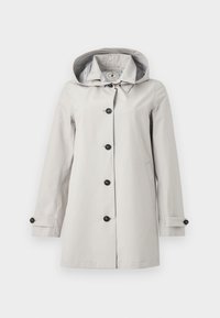 Abrigo impermeable gris claro con capucha, botones negros y puños ajustables. Forrado con un tejido estampado, con un corte recto y bolsillos.