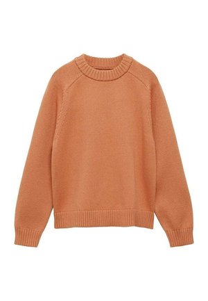 Pullover in einer weichen, gedämpften Orangetönung. Stricktextur mit einem gerippten Rundhalsausschnitt und Saum. Hat lange Ärmel und einen lässigen Schnitt.