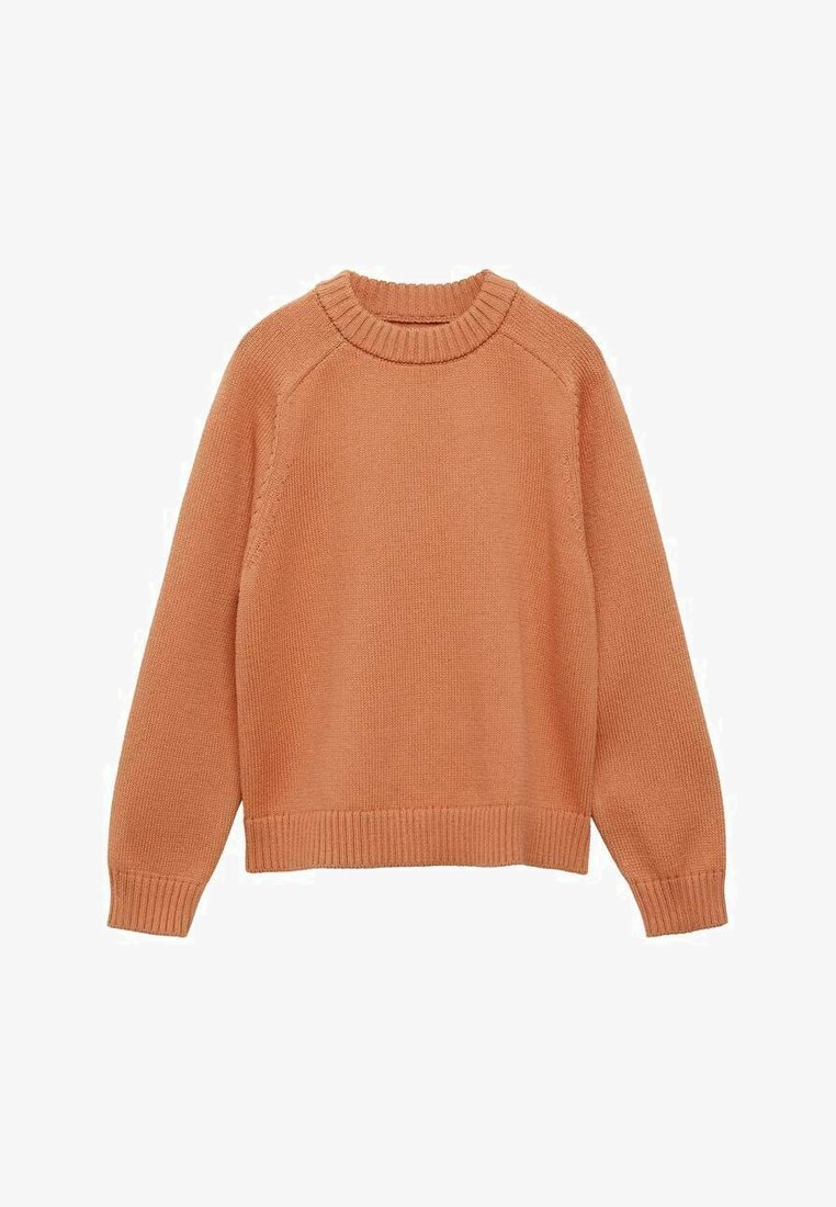 Pulovrová mikina v měkké, tlumené oranžové barvě. Pletená textura s vroubkovaným kulatým výstřihem a lemem. Má dlouhé rukávy a uvolněný střih.