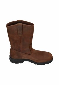 Bruine leren enkelboots met een gladde afwerking, ronde neus en zwarte rubberen zool. Beschikt over een aantrekstrip aan de achterkant voor eenvoudig aan- en uittrekken.