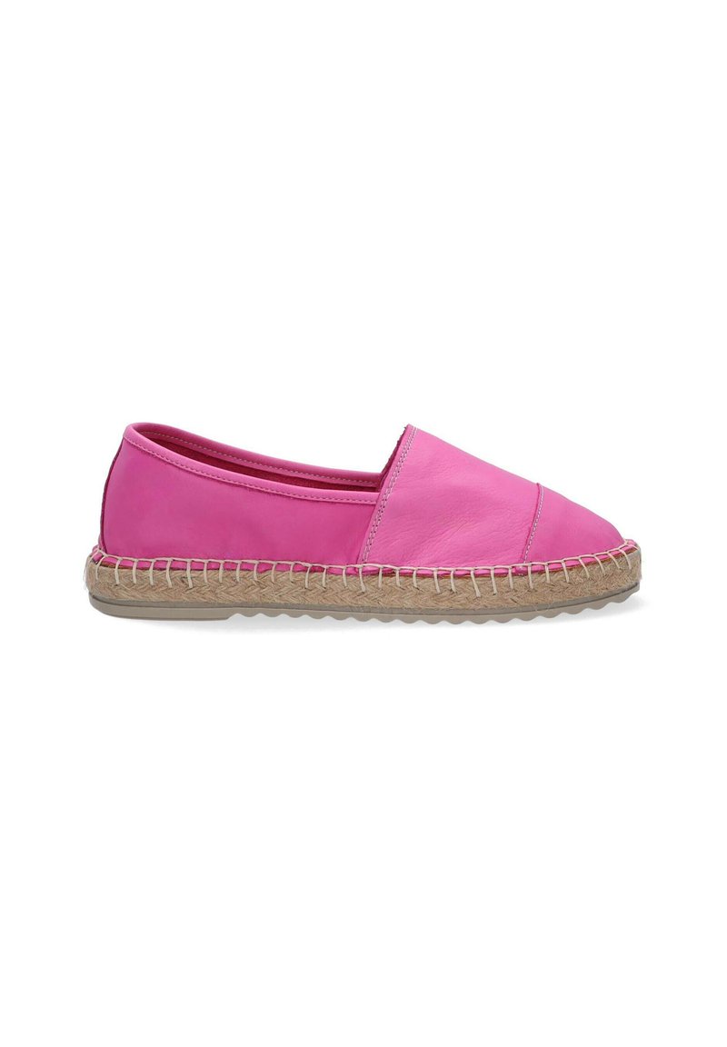 Růžové kožené espadrilky s kulatou špičkou, se splétanou juty podešví a prošíváním podél okrajů. Měkká, hladká textura.