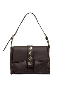 Borsa a spalla in pelle marrone con una forma strutturata, dotata di due tasche frontali, una cinghia decorativa in oro e una tracolla removibile.