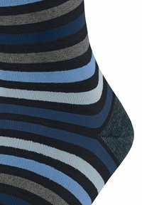 Calzini multicolori con strisce orizzontali in blu navy, grigio, azzurro e nero. Tessuto morbido con punta e tallone rinforzati.