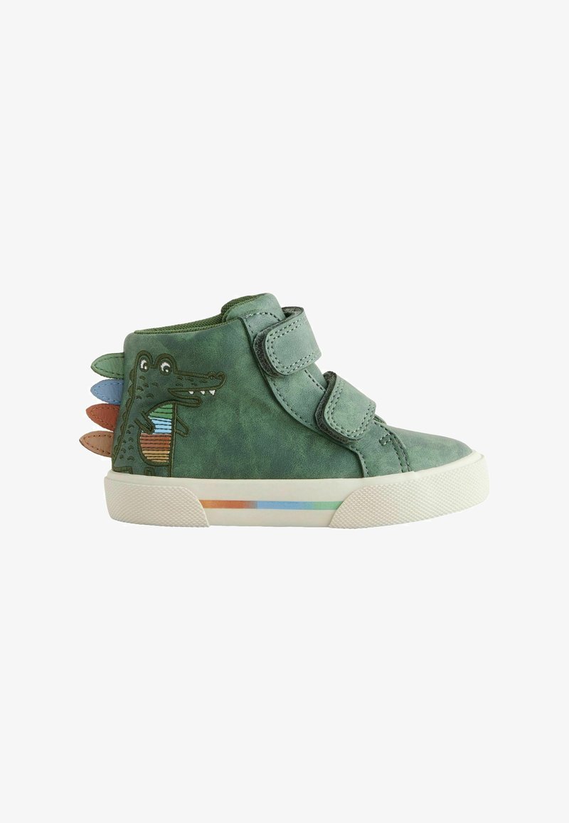 Green high-top sneakers made of synthetic material, featuring a crocodile design, multicolored spikes, and Velcro straps. White rubber sole.