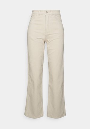 Beige Cordhose mit hoher Taille, Knopf- und Reißverschluss, Taschen vorne und hinten sowie leicht ausgestelltem Bein.