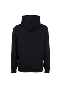 Maglione nero con cappuccio realizzato in tessuto morbido, caratterizzato da un ampio cappuccio, maniche lunghe e polsini e orlo a coste. Design del retro senza cuciture e senza grafiche.