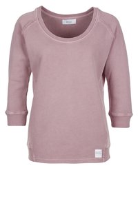 Felpa rosa a maniche lunghe realizzata in morbido cotone. Presenta un collo ampio, polsini a coste e una piccola etichetta con logo sull'orlo. Design semplice.