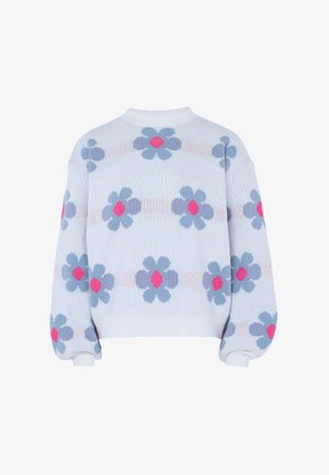 Helles blaues gestricktes Sweatshirt mit einem floralen Muster in hellgrau, dunkelgrau und rosa, mit rundem Kragen und gerippten Bündchen.