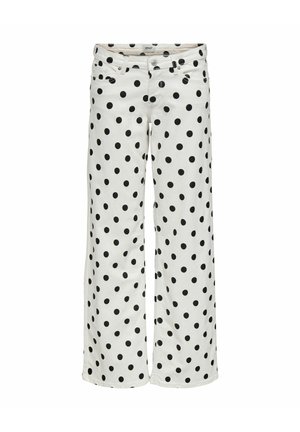 Pantalon blanc à jambes larges avec pois noirs, poches avant, bouton et fermeture éclair.