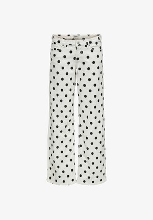 Pantaloni albi cu picior larg și buline negre, buzunare frontale, nasture și închidere cu fermoar.