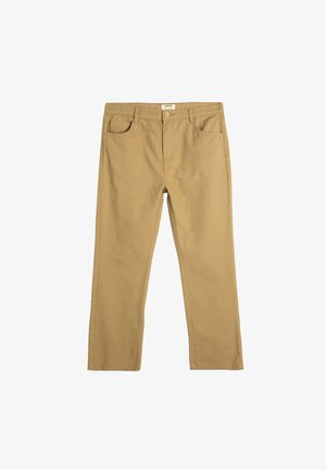 Chinos de algodón beige con corte recto, con cremallera en la bragueta, cinco bolsillos y costuras decorativas. Textura suave y diseño clásico.