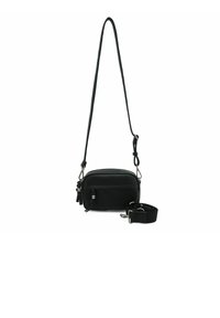 Borsa a tracolla nera con una texture morbida, chiusura con zip, tracolla regolabile e dettagli in metallo. Presenta frange laterali per un tocco di stile.