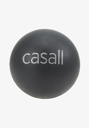 Black massage ball made from rubber with a smooth texture and marked with the brand name "casall" in metallic silver.