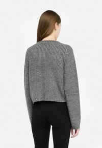 Maglione grigio lavorato a maglia con un design corto, maniche lunghe, orlo a coste e un dettaglio con logo sul collo. Indossato sopra pantaloni neri.