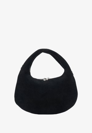 Black suede handbag with a rounded shape, a short handle, and a silver zipper closure. Smooth texture and minimalist design.