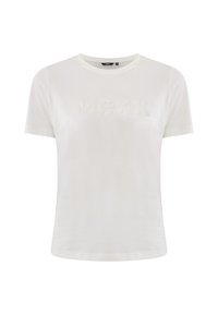 Bílý krátký rukáv tričko s kulatým výstřihem, s texturou vyšívaným nápisem "MXX" na přední straně. Hladká bavlněná tkanina.