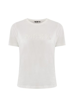 Biała koszulka z krótkim rękawem o okrągłym dekolcie z napisem "MXX" w wypukłym haftie na przodzie. Gładki bawełniany materiał.