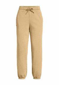 Beige sweatpants i mjukt tyg, med resår i midjan och dragsko samt elastiska muddar vid anklarna.