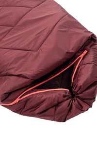 Bordeaux slaapzak met een geborduurd ontwerp, voorzien van een oranje rits en een trekkoordsluiting bij de opening voor een veilige sluiting.