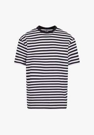 Black and white horizontal striped short-sleeve t-shirt with a black collar, labeled Urban Classics, size medium.
